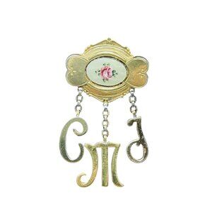 Coro Gold Tone Floral Brooch With CMJ Initials & Enamel Rose Design (5644)